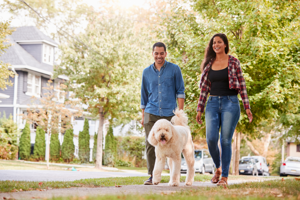 young couple walking their dog in a neighborhood